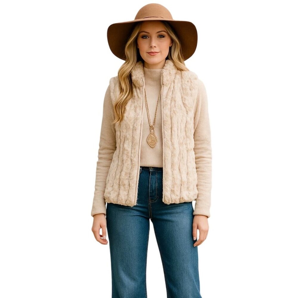 Sherpa Zip Front Vest M Plush Faux Fur Stand Collar Neutral Cozy Reversible